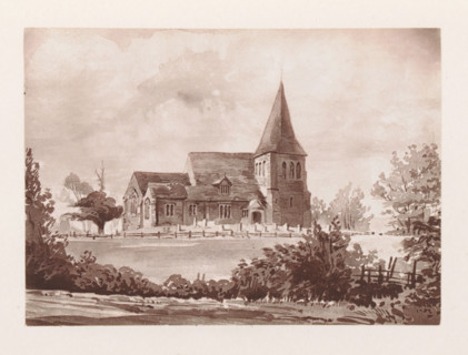 Photo reproduction of a painting depicting a view of All Saints Church at Herstmonceux,