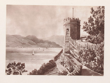 Photographic reproduction of a painting, depicting a view of a stone tower, with a lake in the
