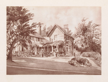 Photo reproduction of a drawing depicting a view of the facade of Holmhurst House, reproduction,