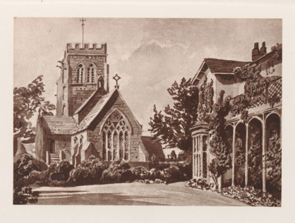 Photo reproduction of a painting depicting a view of the parsonage and Saint Mary's Church at