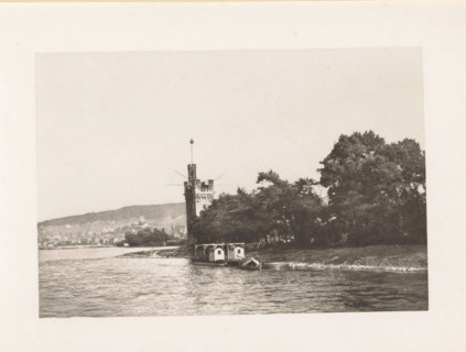 View of the Mouse Tower near Bingen am Rhein, page, photomechanical print, title: 'The Mouse Tower,
