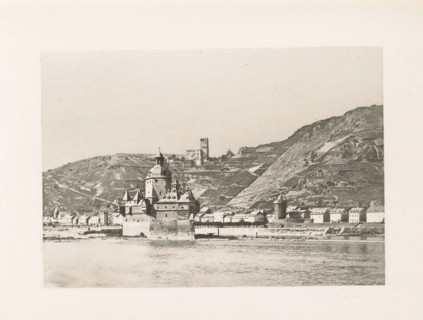 View of Kaub and Burg Pfalzgravenstein, page, photomechanical print, title: 'Caub and the Pfalz.',