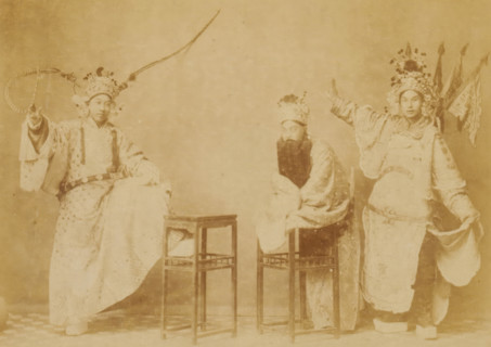 Portrait of three unknown Chinese men in theater costumes, Chinese theatrical, photograph, page,