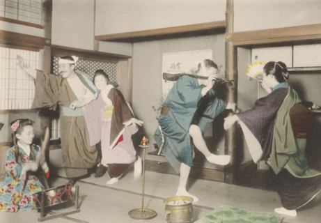 Three geishas and two men dance and make music in a teahouse in Japan, page, photomechanical print,