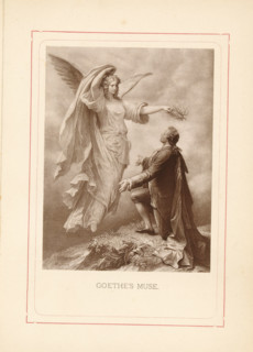 Photo reproduction of a drawing depicting Johann Wolfgang von Goethe being praised by his muse,