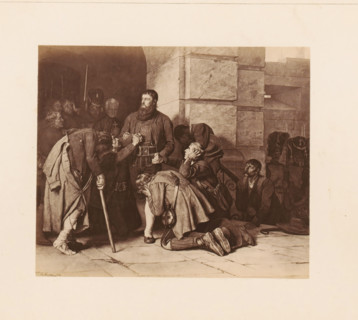Photo reproduction of a painting, depicting supplicating men (presumably) during a siege,