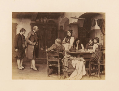 Photo reproduction of a painting, depicting a groom-to-be visiting his bride's family, photograph,