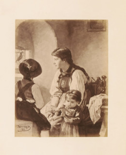 Photo reproduction of a painting, depicting a woman and two children listening to a caged bird,
