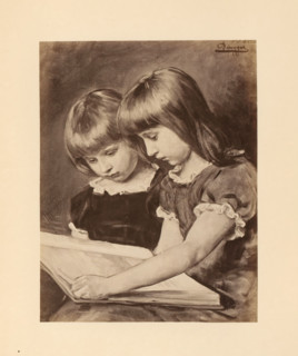 Photo reproduction of a painting, depicting two girls reading a book, photograph, reproduction,