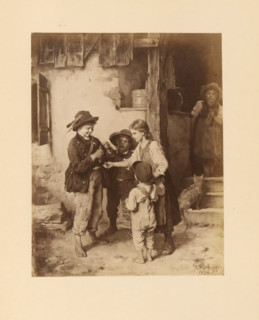 Photo reproduction of a painting, depicting children with a bird, photograph, reproduction, page,