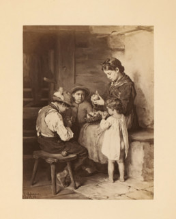 Photo reproduction of a painting, depicting children peeling apples in an interior, photograph,