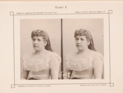 Two portraits of an unknown woman, with and without retouching, page, photomechanical print,