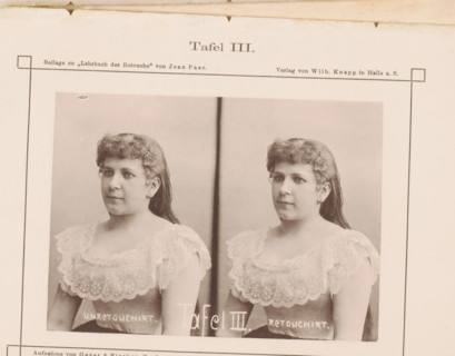 Two portraits of an unknown woman, with and without retouching, page, photomechanical print,