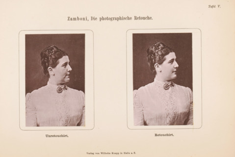 Two portraits of an unknown woman, with and without retouching, page, photomechanical print,