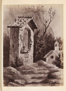 Photo reproduction of a drawing of an outdoor altar, presumably in Italy, photograph, reproduction,