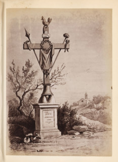 Photo reproduction of a drawing of a cross with references to the Passion of Christ outdoors,