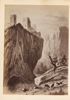 Photo reproduction of a drawing of a fort on a hill, presumably in Italy, photograph, reproduction,