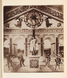 Photo reproduction of probably a fresco of Saint Sebastian, photograph, reproduction, page, Italy,