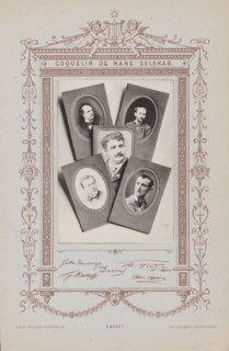 Composition of five photographs of French artists, page, photomechanical print, inscription: