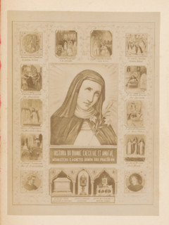 Photo reproduction of a painting, depicting a portrait and scenes from the life of Saint Diana