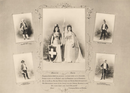 Composite group portrait of six actors in costume during the Calven-Feier in Chur, page,