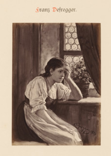 Photo reproduction of a painting by Franz von Defregger, depicting a portrait of a young woman at a