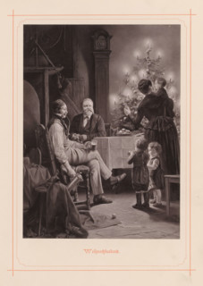 Christmas Eve, Photographic reproduction of a painting of a family at a table and a Christmas tree