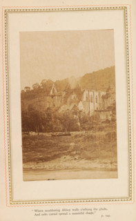 Landscape with a ruined church, photograph, page, inscription: ''Where mouldering Abbey walls