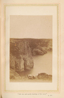 Landscape with rock wall and a man, photograph, page, inscription: ''Soft airs and gentle heavings