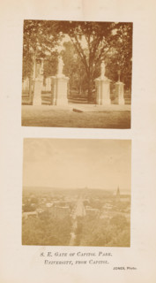 View of a gate to the park where the Wisconsin State Capitol stands and a view of Madison, SE Gate