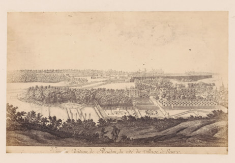 Photo reproduction of a design of a view of the Château de Meudon, seen from the side of the