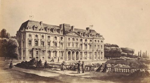 Photo reproduction of a design of a view of the Château de Meudon, with walking persons in the