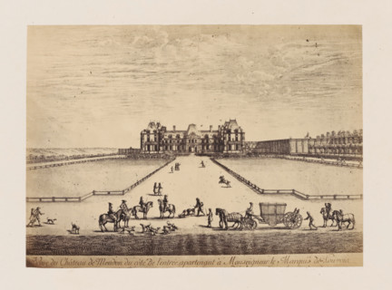 Photo reproduction of a design of a view of the Château de Meudon, seen from the entrance to the