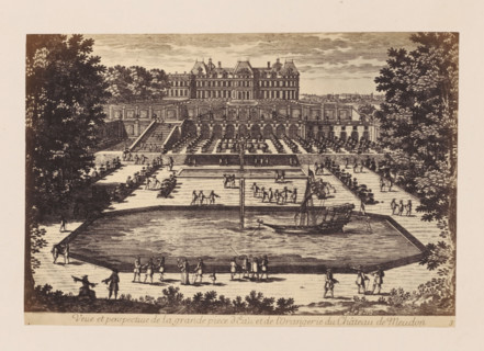 Photo reproduction of a design of a view of the Château de Meudon, with a water feature and
