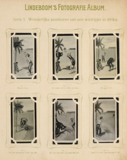 Six reproductions of drawings of a cyclist by a palm tree with a monkey in Africa, Wonderful