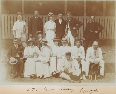 Group at tennis club LTC Quick-Advantage, Gerard Aalbersberg seated on the left, photograph,