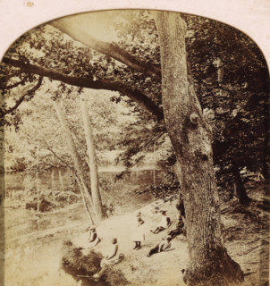 Children by a pond in the woods, photograph, stereograph, inscription: 'Photografische Kunst
