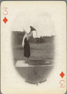 Screening Wheat, Three of Diamonds with woman separating wheat from chaff, photograph, playing