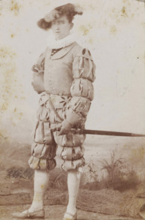 Portrait of a young man in costume with a sword, identified as WU van Lanschot, album page,