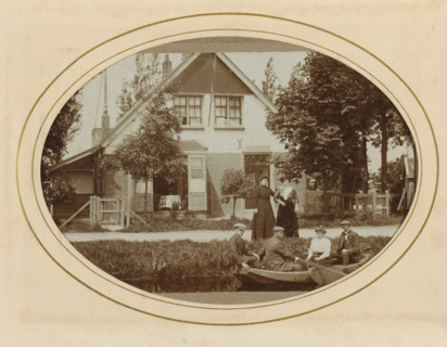 Three men and a woman in a rowboat and two women on shore, with a house in the background, album