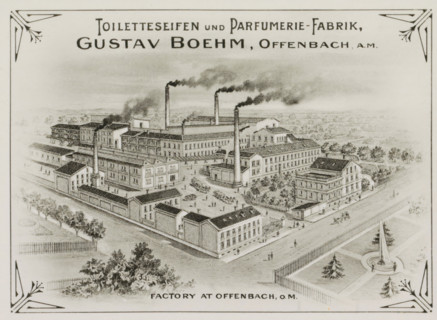 Photo reproduction of (presumably) a print of Gustav Boehm's soap and perfume factory in Offenbach