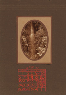 Traveler at a waterfall, album page, photograph, This photo is part of an album., annotation: 'MEI,