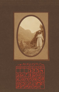 Landscape with mountains, with a female traveler with a hat in the foreground, album page,