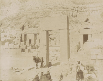 People and donkeys at the temple complex of Deir el-Bahri, Thebes Dair el Ba, photograph, Part of