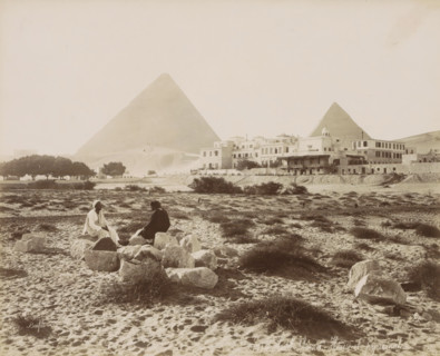 Hotel Mena - House and pyramids, View of the Pyramids of Giza with Hotel 'Mena House' in the