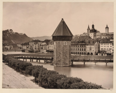 View of the water tower in Lucerne, album page, photomechanical print, This print is part of an