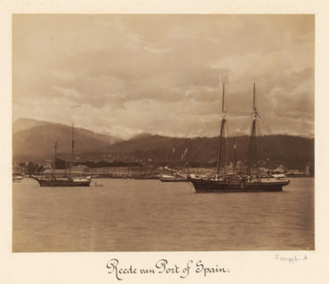 View of the harbor of Port of Spain, album page, photograph, This photo is part of an album.,