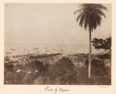 View of the harbor of Port of Spain, album page, photograph, This photo is part of an album.,