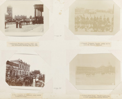Armed Boers on horseback in a street in Pretoria, 4 Ordinary Street Scene. Burghers gathering in