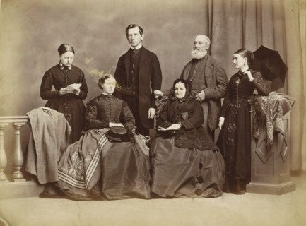 Group portrait of a family in a photo studio, possibly in Norway, photograph, Part of an English